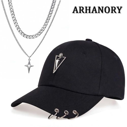 Men's 2-in-1 Hip Hop Baseball Cap + Necklace Set Adjustable Hat for Women- Black