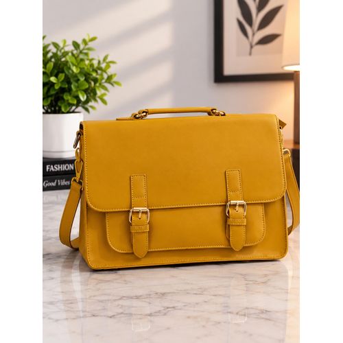 Mustard Yellow Leather Satchel Briefcase Large Capacity Shoulder Handbag With Dual Front Buckle Straps Top Handle Laptop School Bag For Men Women