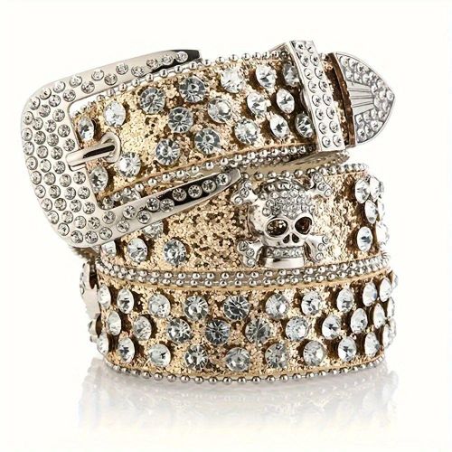 Gold Skull Rhinestone Belt Glitter Bling Punk Rock Style Adjustable