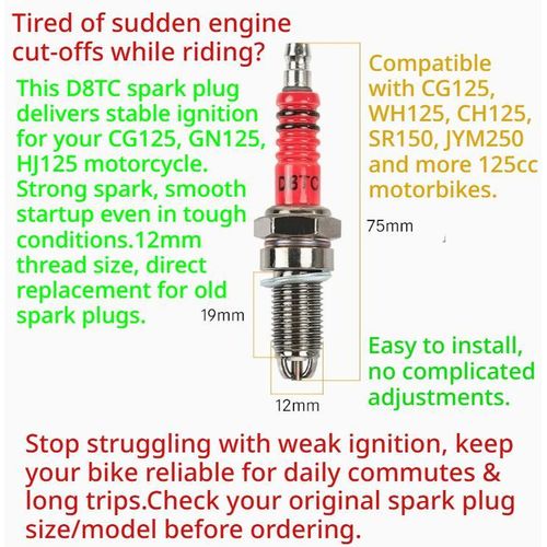 D8TC Motorcycle Spark Plug, 12mm Thread, Fits CG125 GN125 HJ125 WH125 125cc 150cc Motorbike
