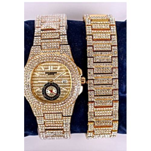 Iced Men's Wristwatch With Hand Chain-Gold