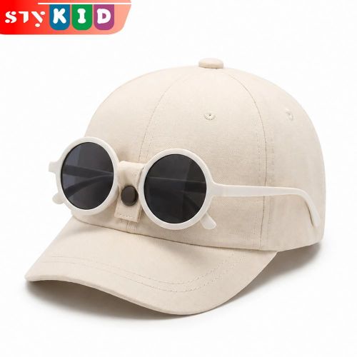 Toddlers 2-in-1 Cap & Sunglasses Set Children's Beige Soft Baseball Cap Round Frame Sunglasses