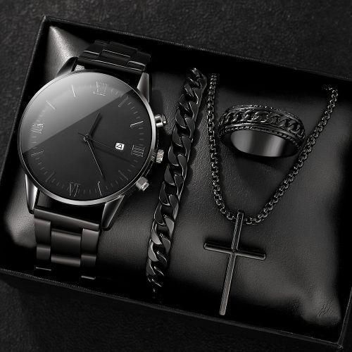 Men’s Black Quartz Watch and Jewelry Set with Cross Necklace Cuban Bracelet Ring for Casual and Party Wear