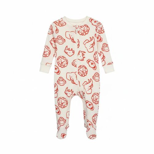 Baby Unisex Long Sleeve Romper Cream with red animal Illustration Baby Overall Zip-Up Sleepsuit Toddler Baby Jumpsuit Soft Baby Wear Cute Comfortable Outfit