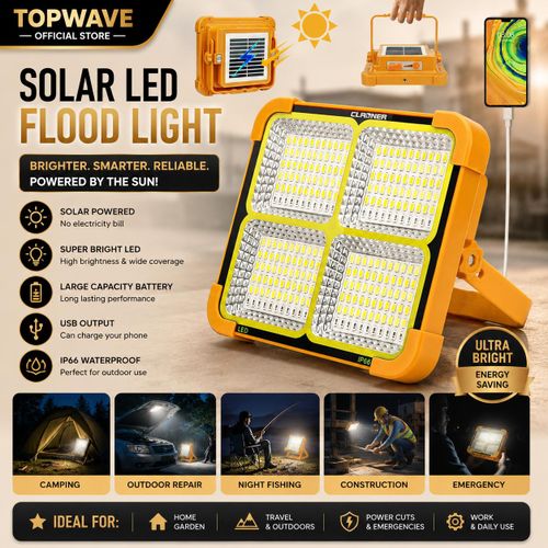 Solar-powered outdoor LED light, rechargeable and waterproof, suitable for emergency use and camping.