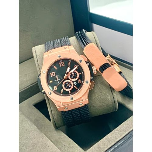 Italian Golden Unisex Wrist Set of Watch With Fashionable Bracelet for Big Men's & Ladies