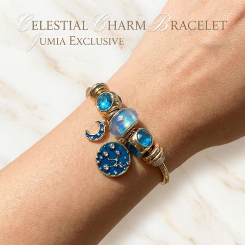 Women's Gold Moon Star Celestial Bracelet - Gold Plated Snake Chain with Crescent Moon Star Pendant Blue Beads,