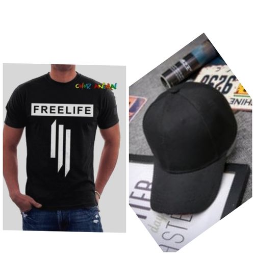 QUALITY Black UNISEX ROUND NECK T-SHIRT With DESIGN AND CAP