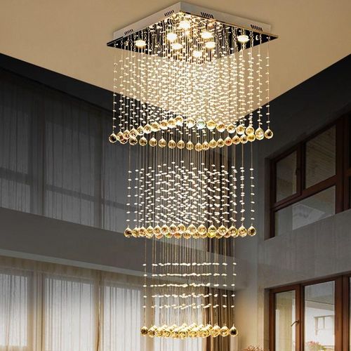 Modern Square Multi-Tier Long Raindrop Crystal Chandelier Light Fixture 600mm
