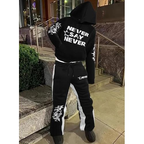 Never Say Never Hoodie And Flare Track Pants -Black