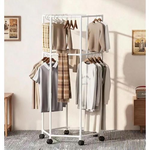 Double-layer Clothes Drying Rack 360-Degree Rotating Clothes Rack Multi-Functional Clothes Drying Rack Hexagonal Floor-Standing Clothes Drying Rack Storage Rack Display Rack - White