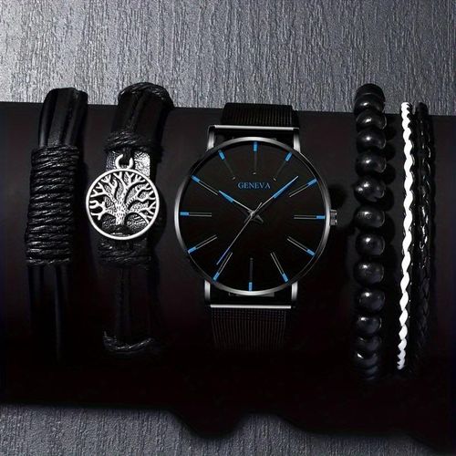 5PCS Black & Blue Wrist Watch Set for Men with 4 Bracelet Gift for Men