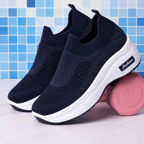Women Casual Slip On Sneakers – Navy Blue Lightweight Breathable Knit Walking Shoes