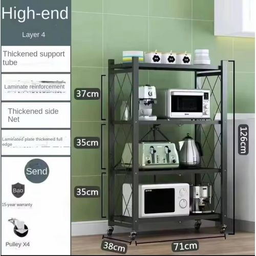 4 Tier Rotating Multifunctional Storage Rack With Wheels, Foldable Storage Shelf With Wheels - Metal Collapsible Shelving Unit Display, Rolling Cart For Books Kitchen Storage Shelves, Pantry & Closet Organizer, Office Room Decor (Black, 4-Shelf)