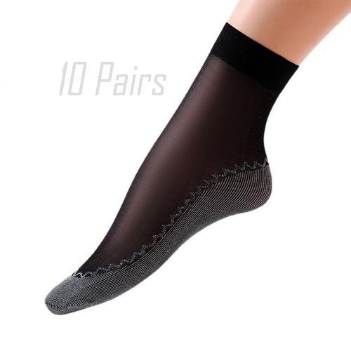 10 Pairs Ankle Socks Silky Anti Slip Cotton Sole Reinforced Toe Black