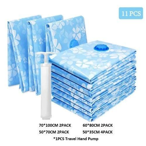 Quality 11-Piece Vacuum Storage Bag Set with Hand Pump Space Saving Compression Bags for Travel & Home Storage (Floral Blue)