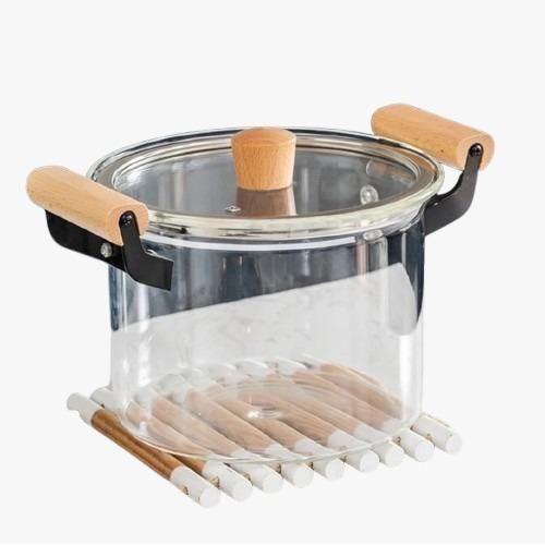 Heatable Clear Glass Cooking Stockpot and Wooden Handle